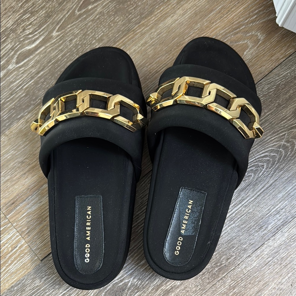 Good American Black and Gold Chain Slide Sandals